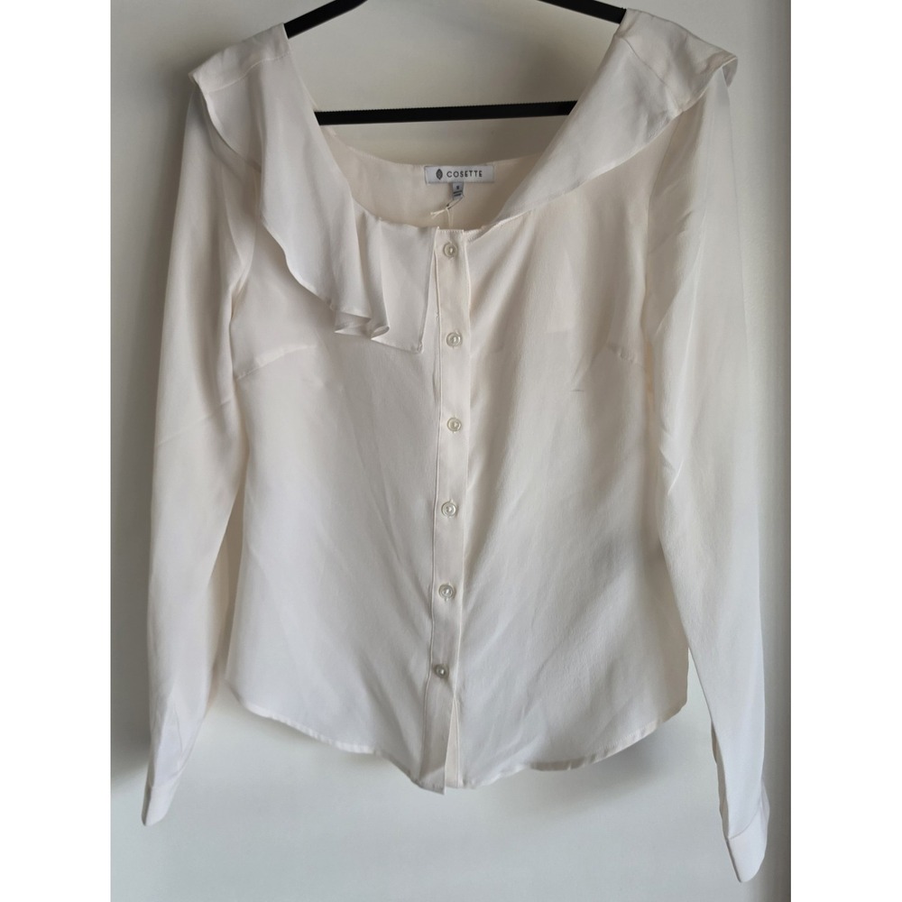 NWT Cosette Blouse Size S White 100% Silk Collared Long Sleeve Top Shirt